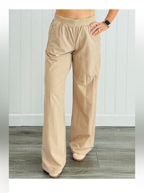Beige Wide-Leg Pull-On Pants with Stretch Waist